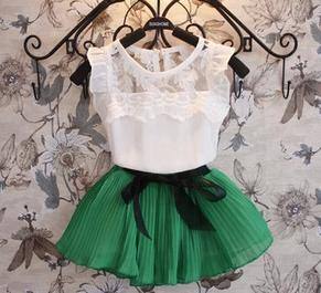 多可愛(ài)2014夏款童裝鏤空雪紡T恤+雪紡短裙套裝中大童韓版兩件套