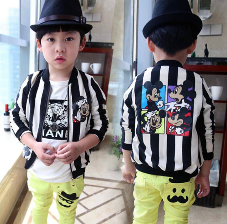 秋季新款童裝兒童豎條外套男女童百搭米老鼠開衫外套夾克一件代發