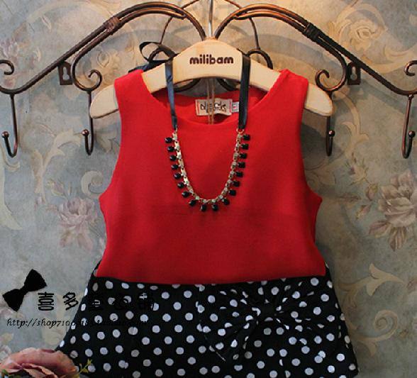 夏季歐洲站超洋氣女童亮色雪紡上衣+波點蝴蝶結短裙套裝一件代發