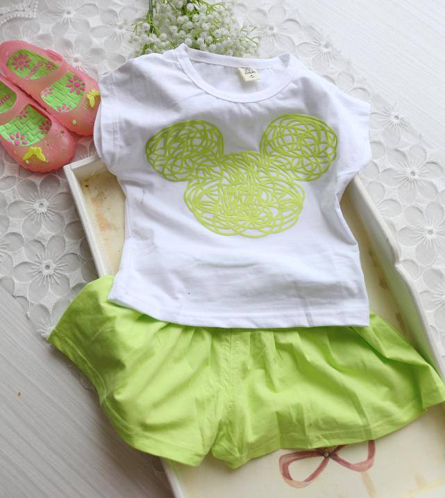 2014夏季新品女童可愛米奇甜美休閑棉彈性短袖上衣裙童套裝兩件套