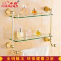 歐式鍍金色鑲玉雙層置物架 全銅玻璃化妝品架 帶桿化妝臺